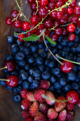 Picked berries of red currants, blueberries and strawberries in a bowl. Ripe harvest © Светлана Высокос