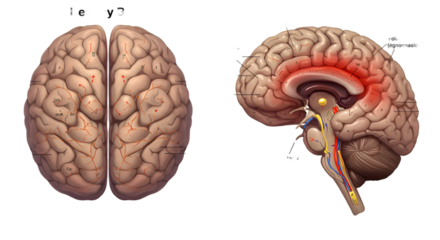 Human brain illustration showing top and side views, highlighting a specific area in red.