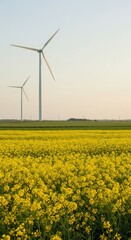 Wind turbines rise above a vibrant yellow rapeseed field.