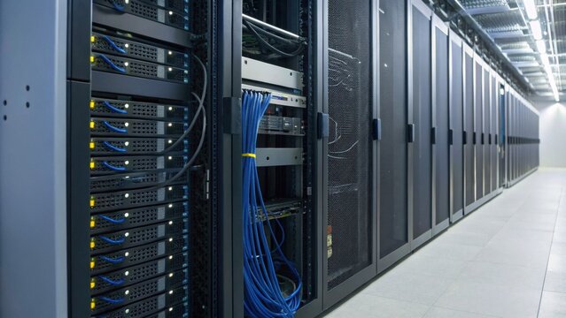 A modern data center with rows of server racks and connected blue network cables in a clean, well-lit room. - Powered by Adobe