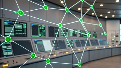 Advanced control room with digital monitors linked by a glowing green network, symbolizing connectivity and data integration in a high-tech environment.
