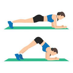 Forearm Plank to Pike, Core and Shoulder Stability Exercise. Flat vector illustration isolated on white background