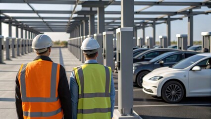 Two construction workers in safety vests and helmets inspect a solar panel-covered electric vehicle charging station.