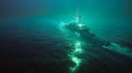 Cyberpunk Warship Hologram: Floating Power Above Digital Ocean Grid in Green-Blue Glow