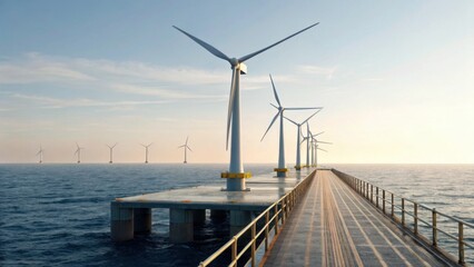Naklejka premium A row of offshore wind turbines stretches into the distance, viewed from a pier extending over the ocean under a clear sky at sunset.