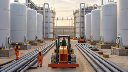 Obraz premium Workers in safety gear operate heavy machinery at an industrial site with large storage tanks and pipelines under a bright sky.