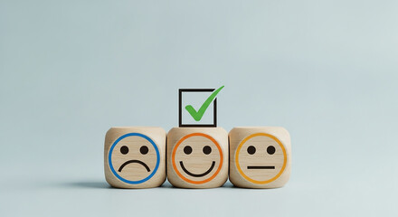 Customer satisfaction concept with three wooden blocks showing sad neutral and happy faces with green check mark symbolizing positive client feedback

