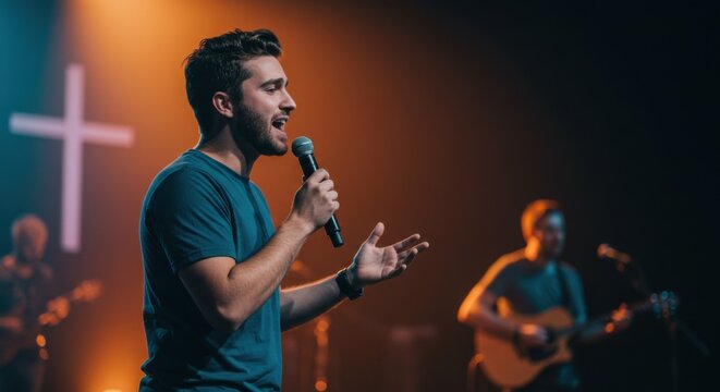 Young man leading Christian worship service with microphone. Modern church praise and worship band. Religious gathering and spiritual gospel music.