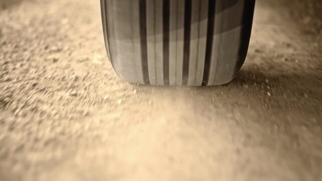 SLO MO TS Tire of a car driving on gravel road