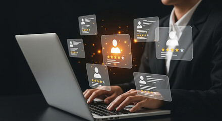 Businessman using laptop with floating digital profile cards representing online recruitment HR management candidate selection or virtual networking concept

