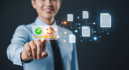 Smiling businesswoman pressing five star digital rating with smiley face icon representing positive customer feedback review satisfaction and user experience

