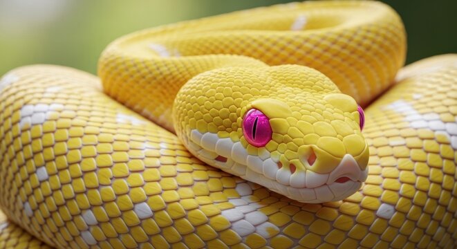 A vibrant yellow python with striking pink eyes is coiled and ready to strike, showcasing its beautiful scales and exotic nature
