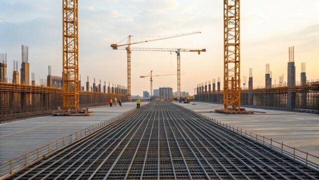 A large construction site with steel rebar laid out for foundation work, surrounded by cranes and workers during sunset.