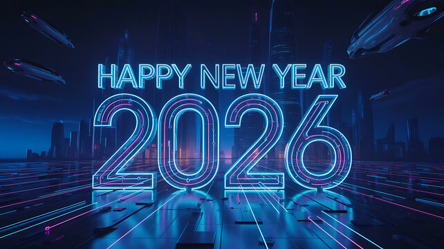 Futuristic neon Happy New Year 2026 greeting with sleek flying vehicles and a glowing city skyline, perfect for digital designs