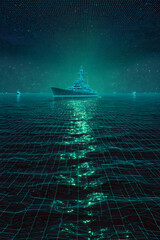 Cyberpunk Warship Hologram: Floating Power Above Digital Ocean Grid in Green-Blue Glow