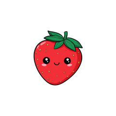 Obraz premium Cute cartoon strawberry character with smiling face and green leaves displayed on a white background