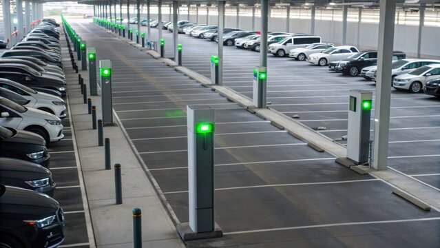 A modern indoor electric vehicle parking lot with numerous charging stations, many cars parked, and green indicator lights showing availability.
