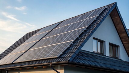 Fototapeta premium A modern house roof with large solar panels installed, capturing sunlight for sustainable energy.