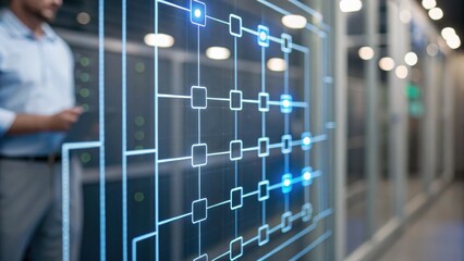 A person interacts with a futuristic digital interface displaying a network of connected nodes and glowing blue elements in a modern tech environment.