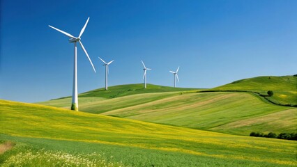 Fototapeta premium Wind turbines stand tall on rolling green hills under a clear blue sky, symbolizing clean and sustainable energy.
