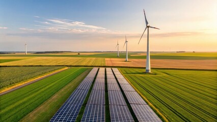 Obraz premium Aerial view of a renewable energy farm featuring solar panels and wind turbines in green agricultural fields under a clear sky.
