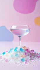 Elegant cocktail glass filled with pink and blue liquid on a pile of colorful gems
