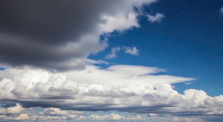 Fototapeta premium The sky transitions from a bright blue dotted with stars to a cloudy, overcast scene, creating a dramatic contrast between day and night
