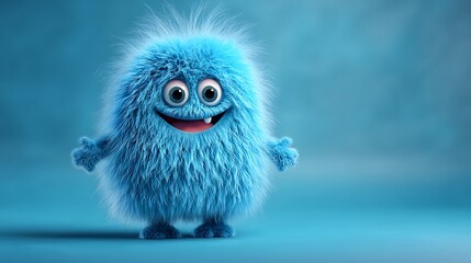 Obraz premium Cute blue furry monster in 3D cartoon style with playful expression and round body for character design