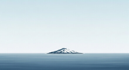 Serene snow-capped island with scattered trees emerges from calm blue ocean