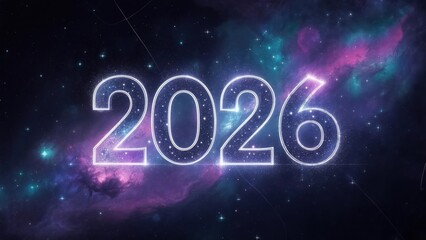 Glowing 2026 number set against a cosmic nebula backdrop
