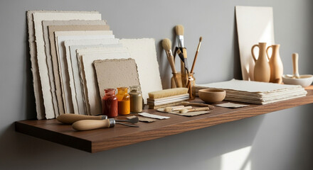 Artistic materials arranged neatly on a shelf, inspiring creativity and craft