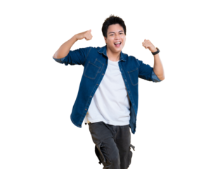 A joyful man celebrating success with arms raised in excitement on png background