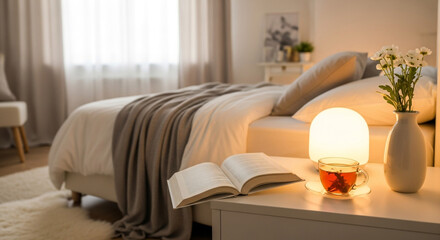 Cozy bedroom scene with open book, tea, and warm lamp creating inviting relaxation