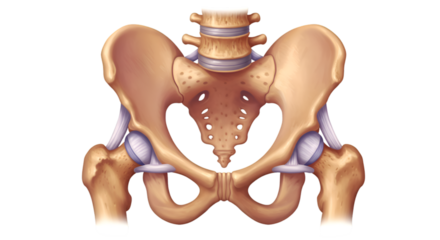 Detailed anatomical illustration of the human pelvis, showcasing bone structure and hip joints.