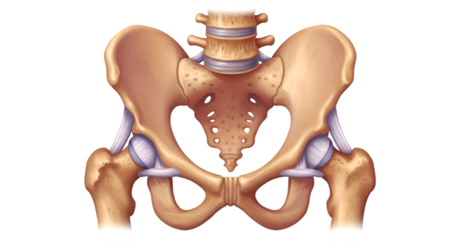 Detailed anatomical illustration of the human pelvis, showcasing bone structure and hip joints.