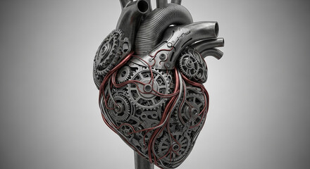 Intricate mechanical heart with gears and tubes symbolizes innovation and life