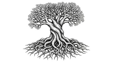 Majestic twisted tree with intricate roots, symbolizing life, growth, and strength