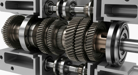 Precision engineered gears and shafts in a cutaway mechanical assembly