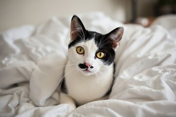Charming tuxedo cat relaxes on a white bedspread.