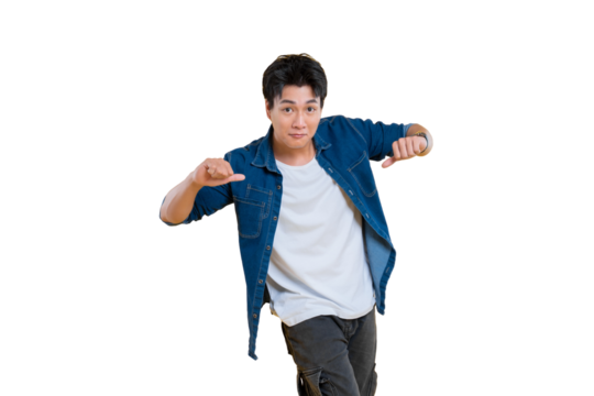 Confident young man points at himself with both hands, with a confident smile 