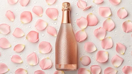 A stylish bottle of rosé wine stands elegantly amidst a scattering of soft pink rose petals, evoking romance, celebration, and sophisticated summer enjoyment