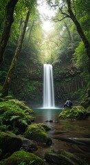 Obraz premium Solitary hiker contemplates a cascading waterfall in a lush forest.