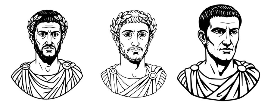 Emperor Tiberius of Rome vector illustration set. simple black and white vector portrait of roman emperor Tiberius. Line drawing of Tiberius Julius Caesar Augustus