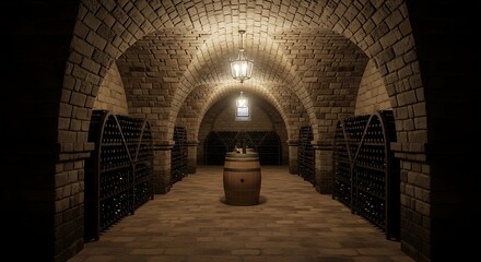 Fototapeta premium A dimly lit underground wine cellar with arched stone vaults, racks of bottles, and a wooden barrel.