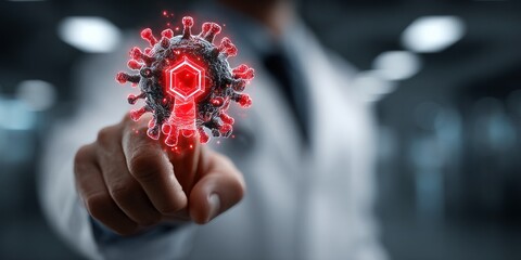 Doctor touching glowing digital virus model with futuristic interface in a high-tech medical environment