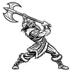 Naklejka premium Fierce barbarian or viking warrior in a dynamic vector line art style.