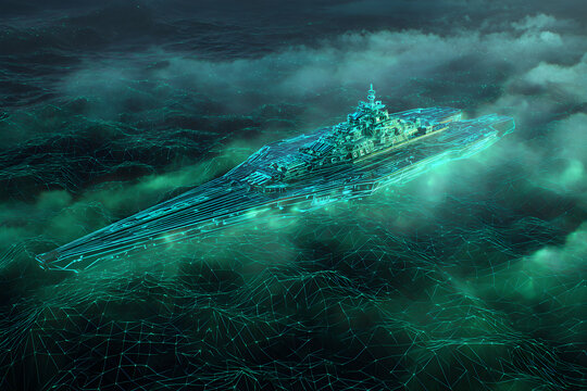 Cyberpunk Warship Hologram: Floating Power Above Digital Ocean Grid in Green-Blue Glow