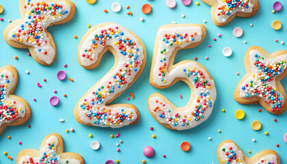 Decorated cookie in shape of number 25. Celebratory dessert with white icing, colorful sprinkles. Fun design for birthday or anniversary