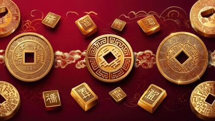 Gold coins and ingots on a red background with Asian-inspired patterns