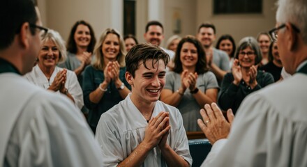 A smiling young man joyfully participates in a Christian baptism ceremony, surrounded by clapping and happy church community members.